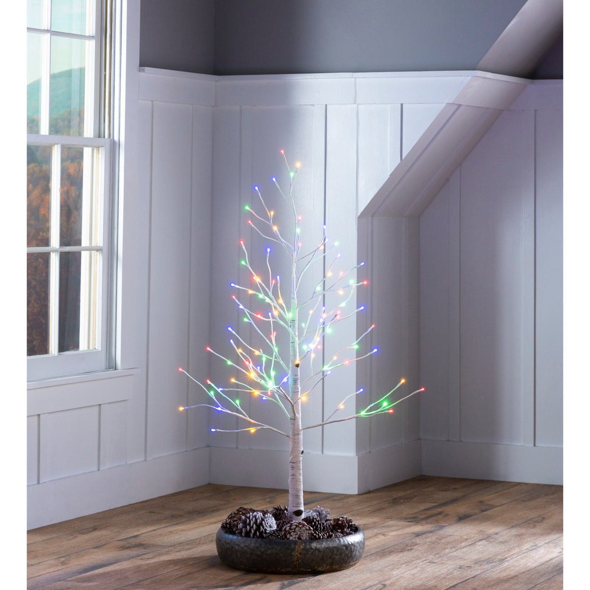 4-foot indoor/outdoor birch tree with white and multicolor string lights