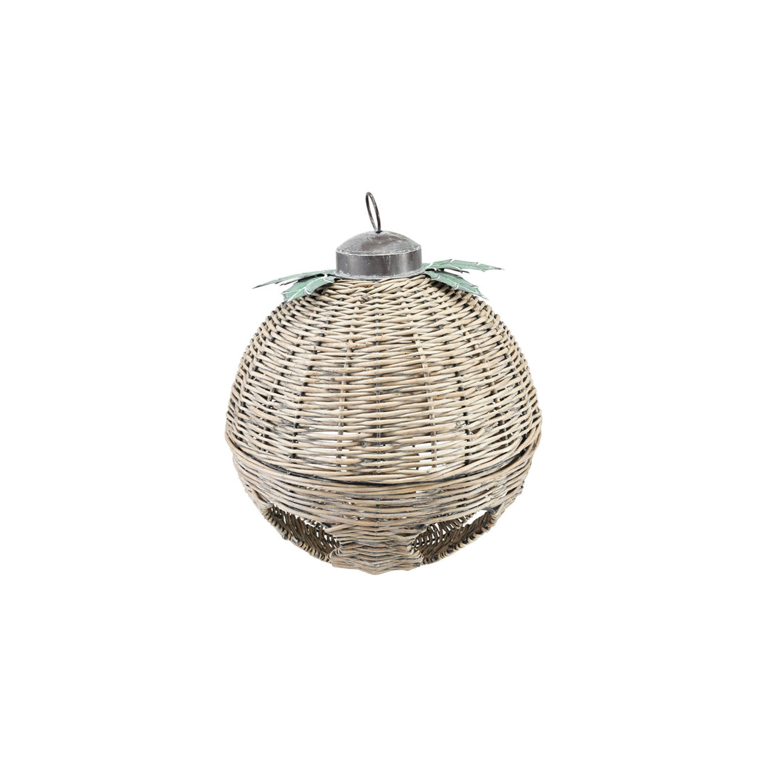 Oversized hand-woven natural rattan bell with metal leaves and a hanging loop.