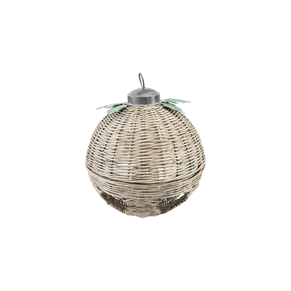 Oversized hand-woven natural rattan bell with metal leaves and a hanging loop.