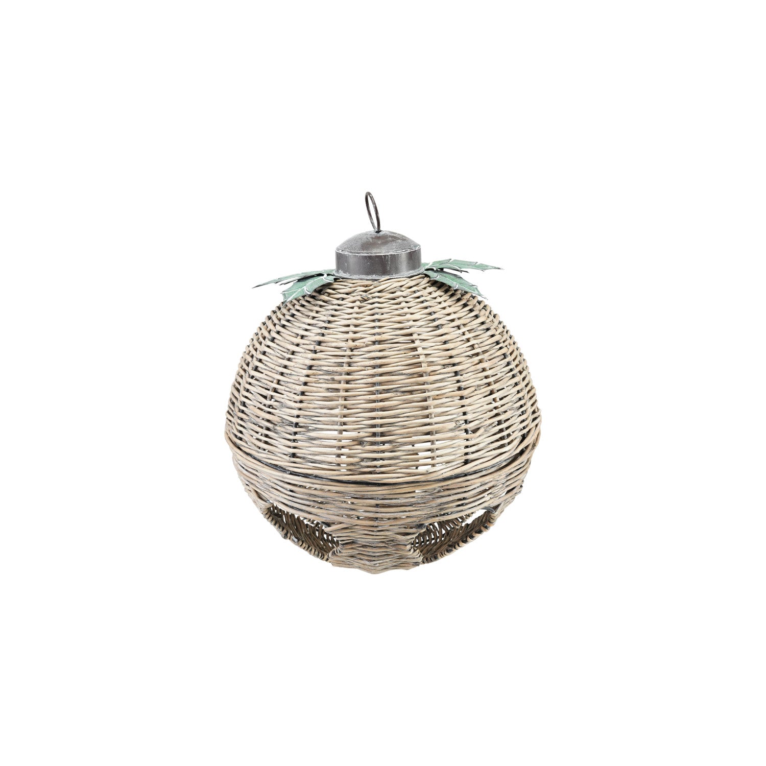 Oversized hand-woven natural rattan bell with metal leaves and a hanging loop.