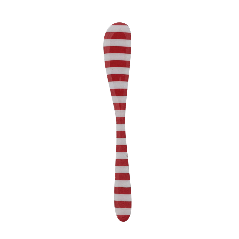 Enameled stainless steel canapé knife with a red and white horizontal striped pattern.