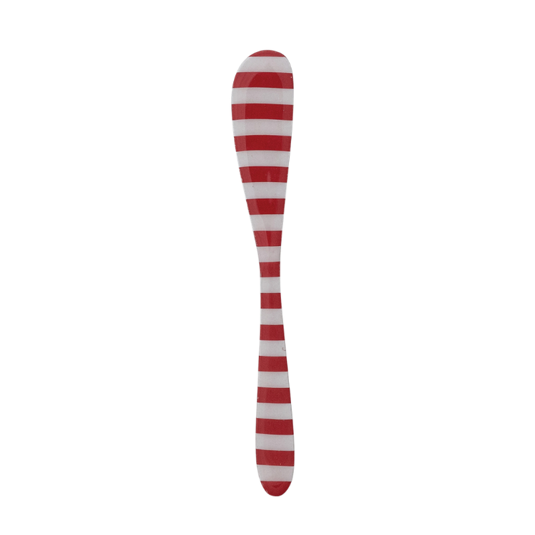 Enameled stainless steel canapé knife with a red and white horizontal striped pattern.