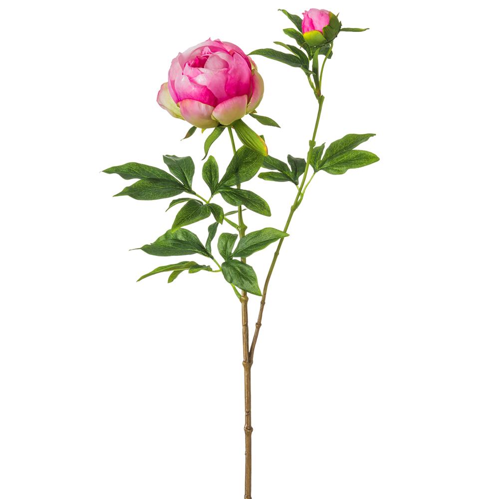 Artificial peony spray fuchsia floral arrangement with fabric petals on wire stems.
