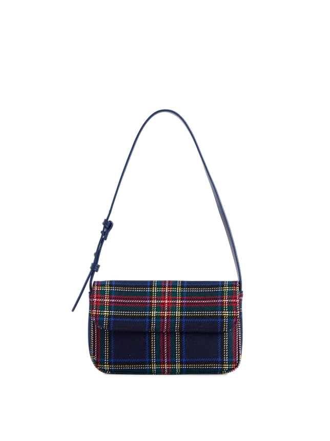 Scottie Shoulder Bag featuring a navy, red, and green tartan plaid pattern with a blue strap.