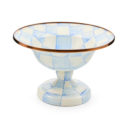 Hand-glazed steel compote with hand-painted sky blue checks pattern on a bronzed stainless steel rim.