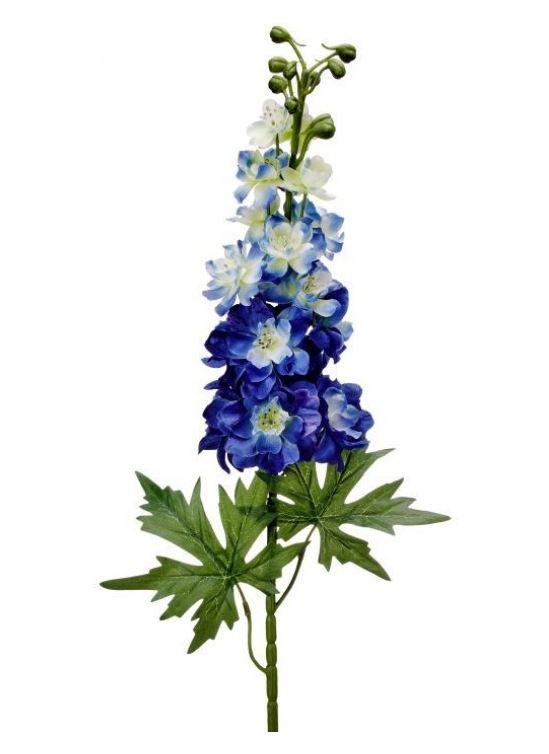 Tall blue delphinium floral arrangement in a square vase