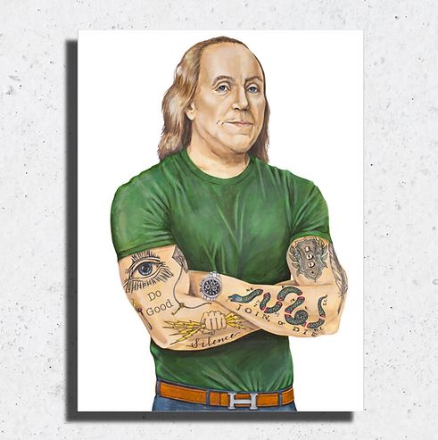 Watercolor painting of Benjamin Franklin with tattoos, wearing a green t-shirt and jeans.