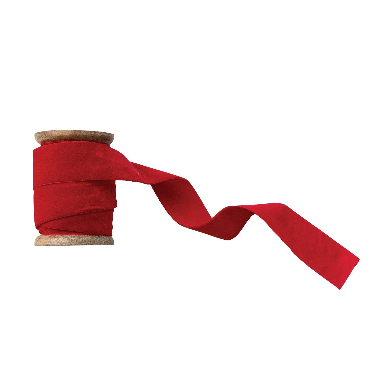 1.5-inch wide red velvet ribbon on a vintage-style wooden spool.