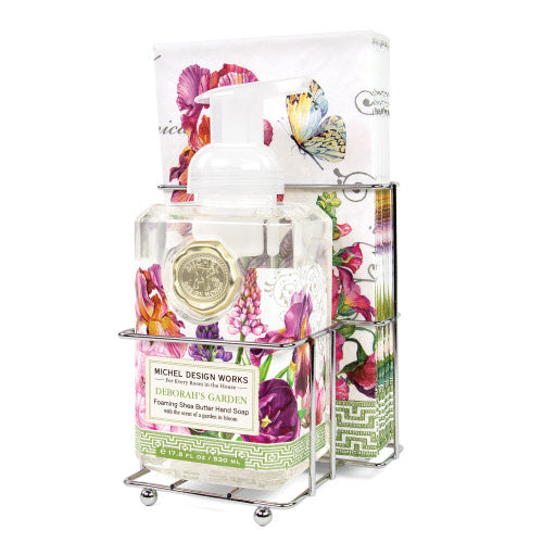 Foaming soap dispenser with matching napkin holder in a compact countertop set