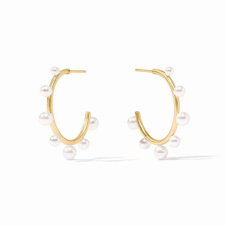 Hydra Stone Hoop earrings in 24K gold plate featuring white shell pearls along the outer edge.