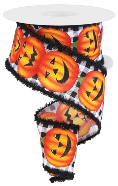 White polyester Jack-O-Lantern banner with drift ribbon in dark orange and yellow.