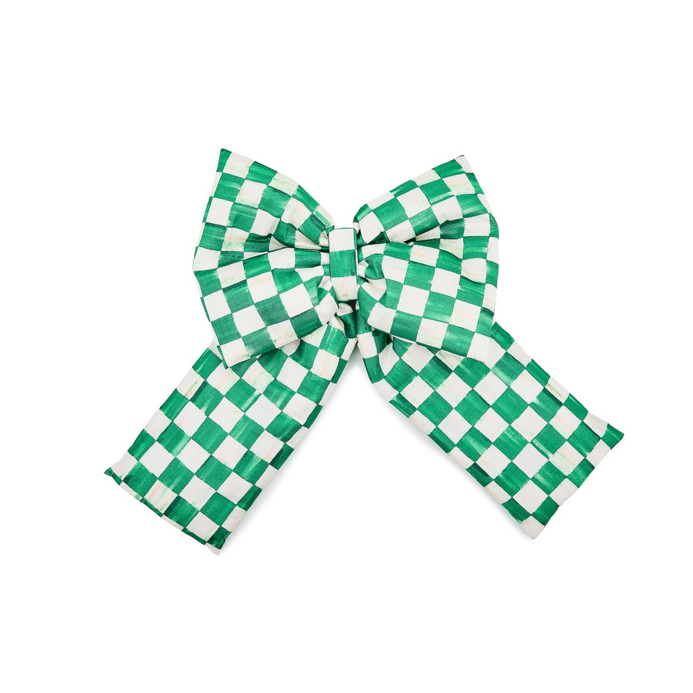 Red polyester check bow measuring eight inches wide with a gathered center knot.