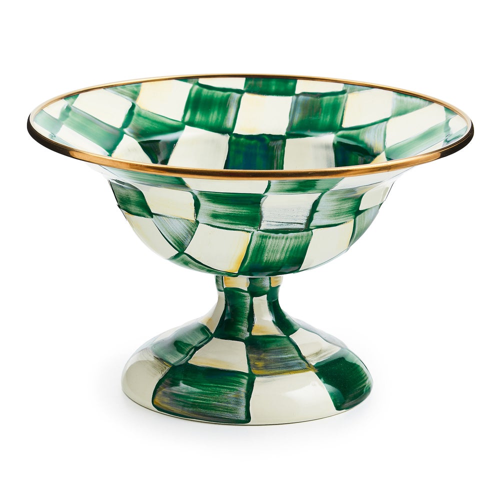 Small round steel compote with hand-painted emerald check pattern on a bronzed stainless rim.