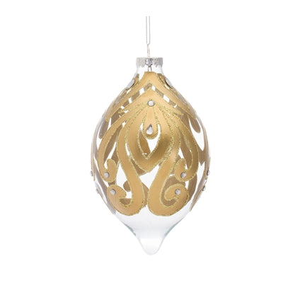 Clear glass teardrop ornament with gold scroll pattern and small clear gems.