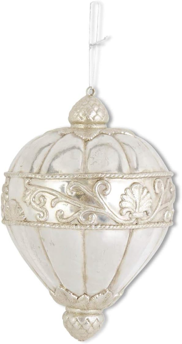 Silver glittered shatterproof finial ornament with ornate scroll and leaf patterns.