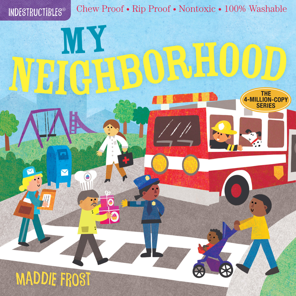 Indestructible toddler book with bright illustrations on a durable rip-proof cover.