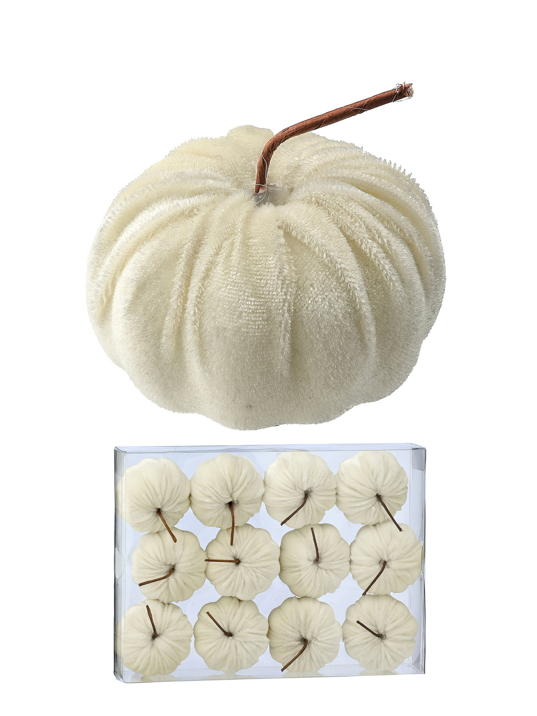 Set of 12 small white velvet pumpkins with brown stems, shown individually and in a clear box.