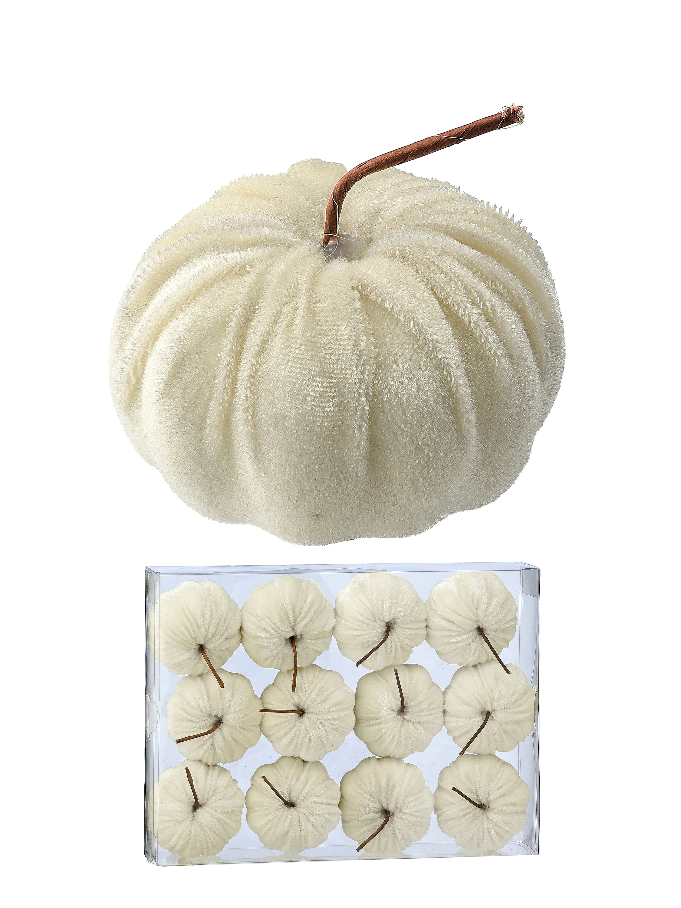 Set of 12 small white velvet pumpkins with brown stems, shown individually and in a clear box.