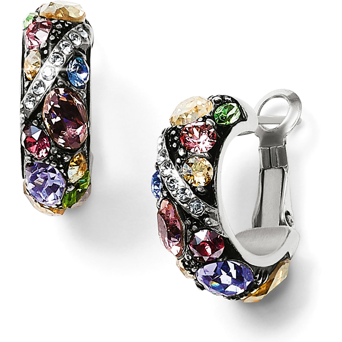 Silver-plated wire hoop earrings featuring pastel multi-colored fine quality crystals with a quarter-inch width and five-eighth inch drop.