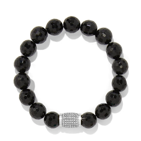 Meridian Solis stretch bracelet featuring faceted black onyx beads and a silver pavé crystal charm.