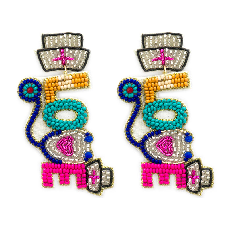 Beaded nurse-themed earrings featuring a nurse's cap, stethoscope, and medical bag.