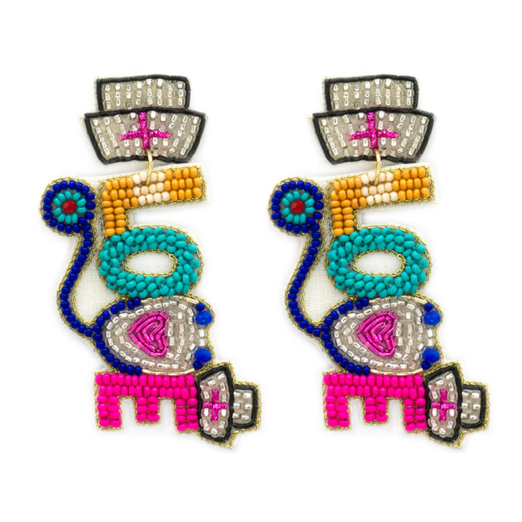 Beaded nurse-themed earrings featuring a nurse's cap, stethoscope, and medical bag.