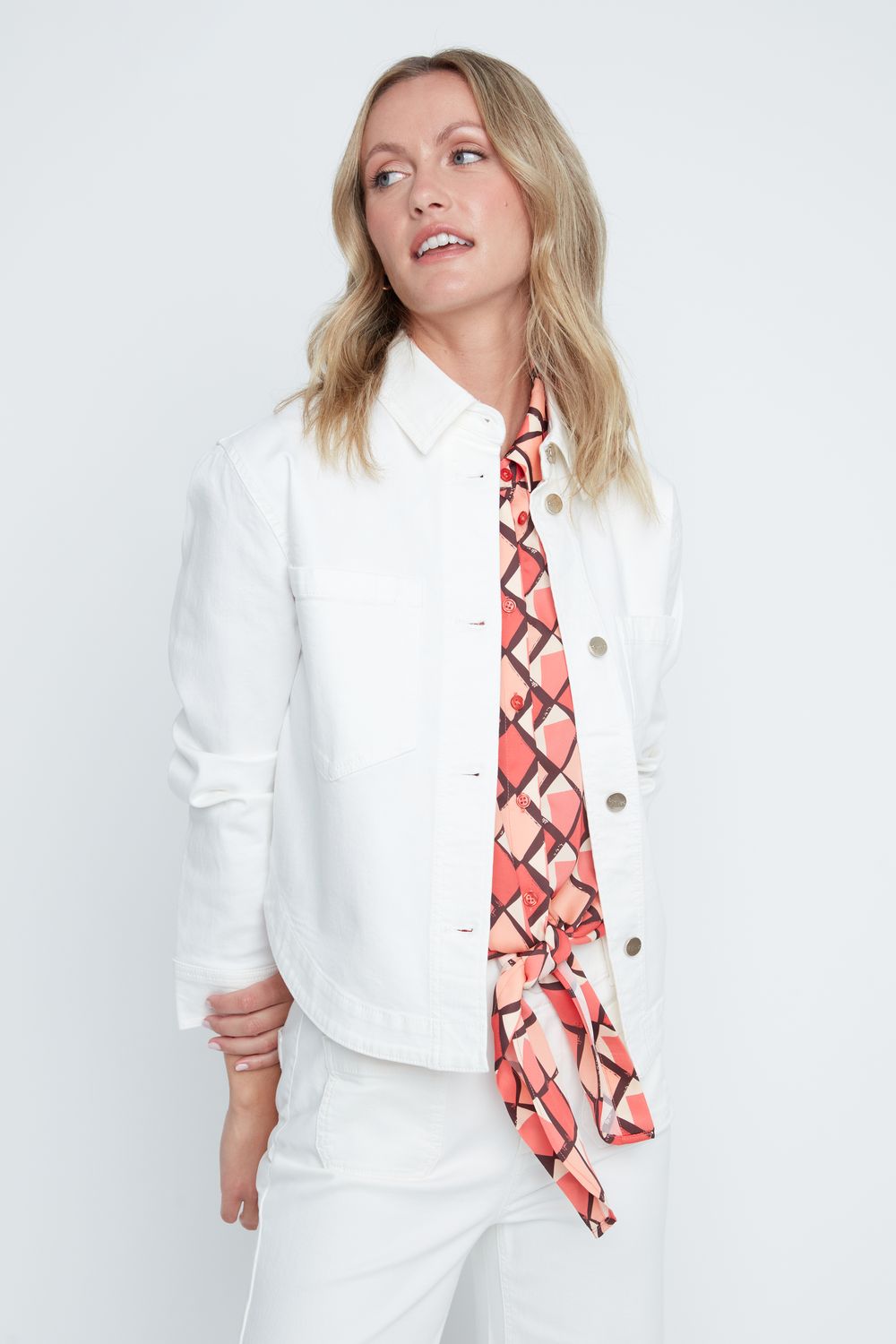 Sylvia woven jacket in earthy brown cotton-tencel blend with relaxed silhouette and front pockets.