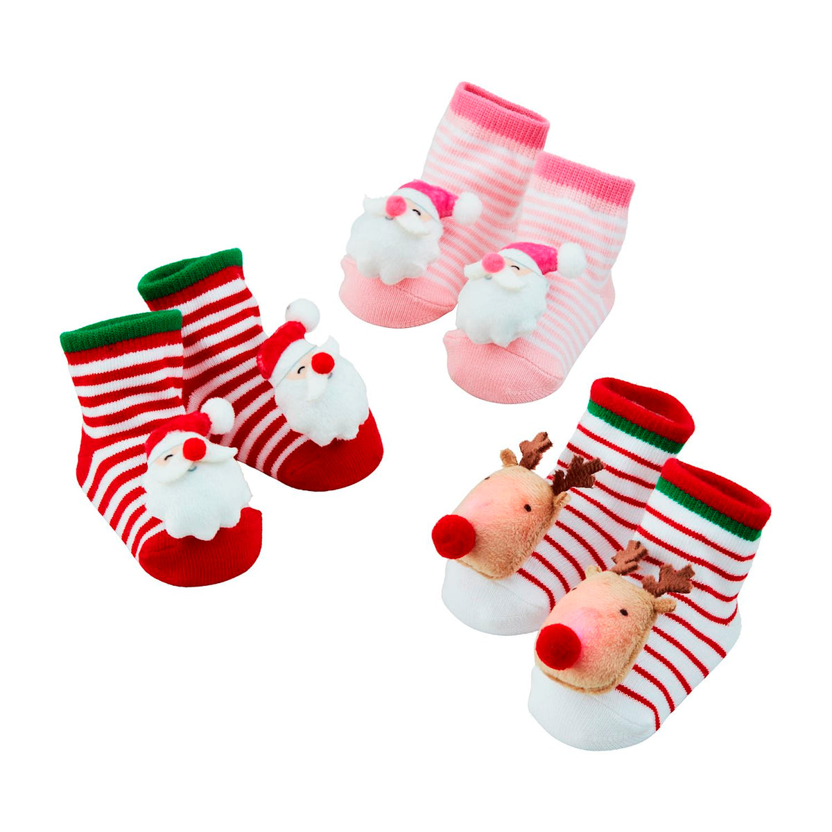 Three pairs of baby Christmas light-up socks featuring Santa and reindeer designs with stripes.