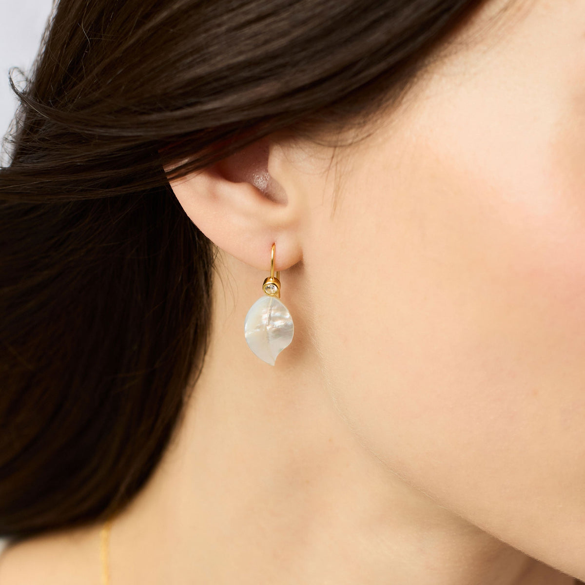Willow earring with mother of pearl drop on 24K gold plate and clear cubic zirconia accent