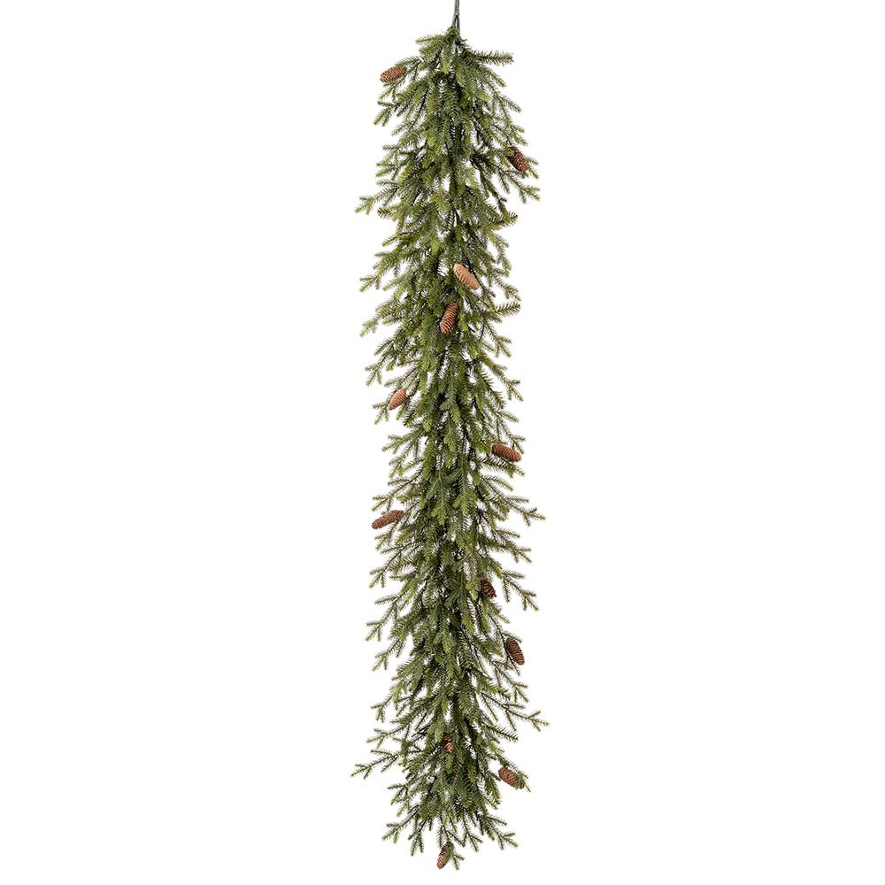 6' green spruce and pine cone garland with 100 LED lights on a white background.
