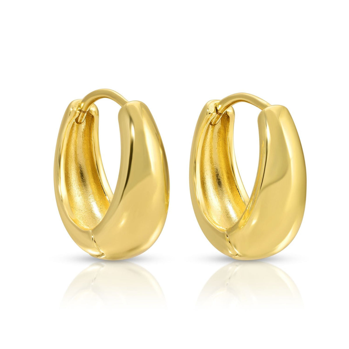 Pair of gold-toned simple narrow to wide huggie hoop earrings with a polished finish.