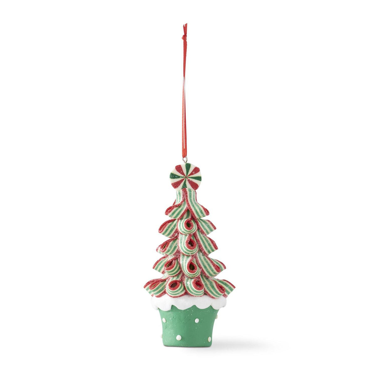 Ribbon candy Christmas tree ornament made of red, green, and white clay dough in a green pot.