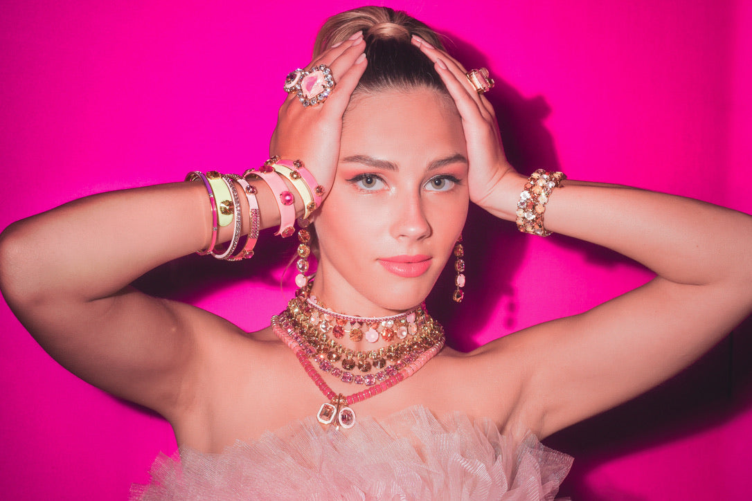 Jadia necklace in light rose glimmer crystals on gunmetal-plated brass base metal with a 3-inch extension chain.