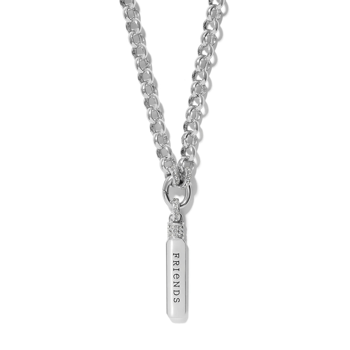 Silver plated Meridian Storycatcher Necklace with a cylindrical pendant engraved with FRIENDS.