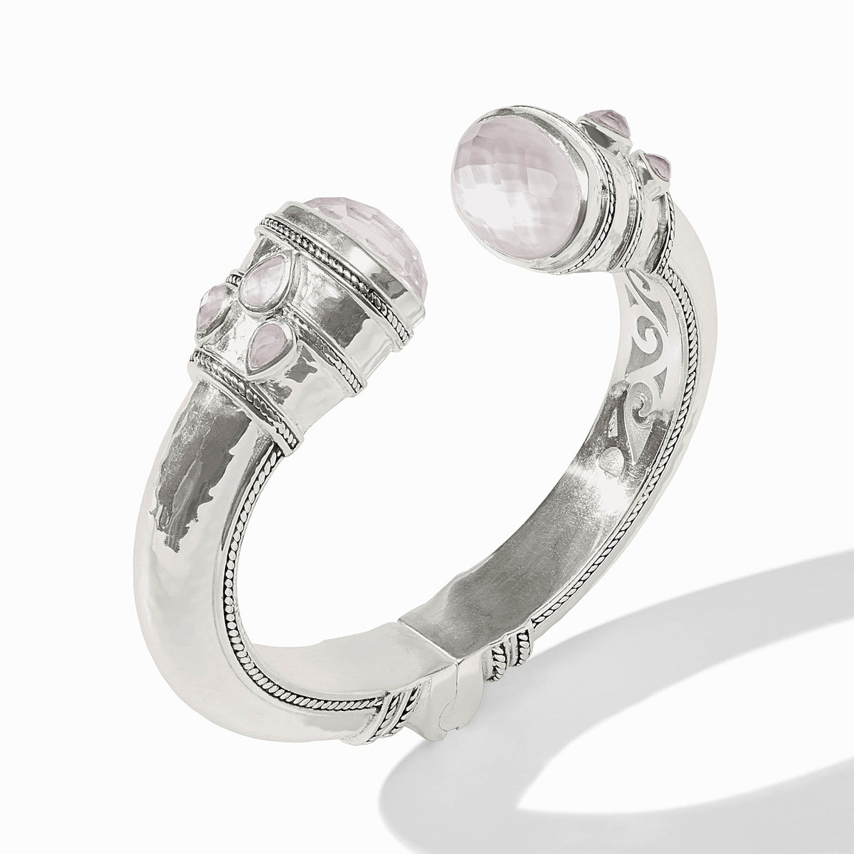 Cannes silver cuff bracelet featuring rose-cut and pear-shaped pink glass gemstones.