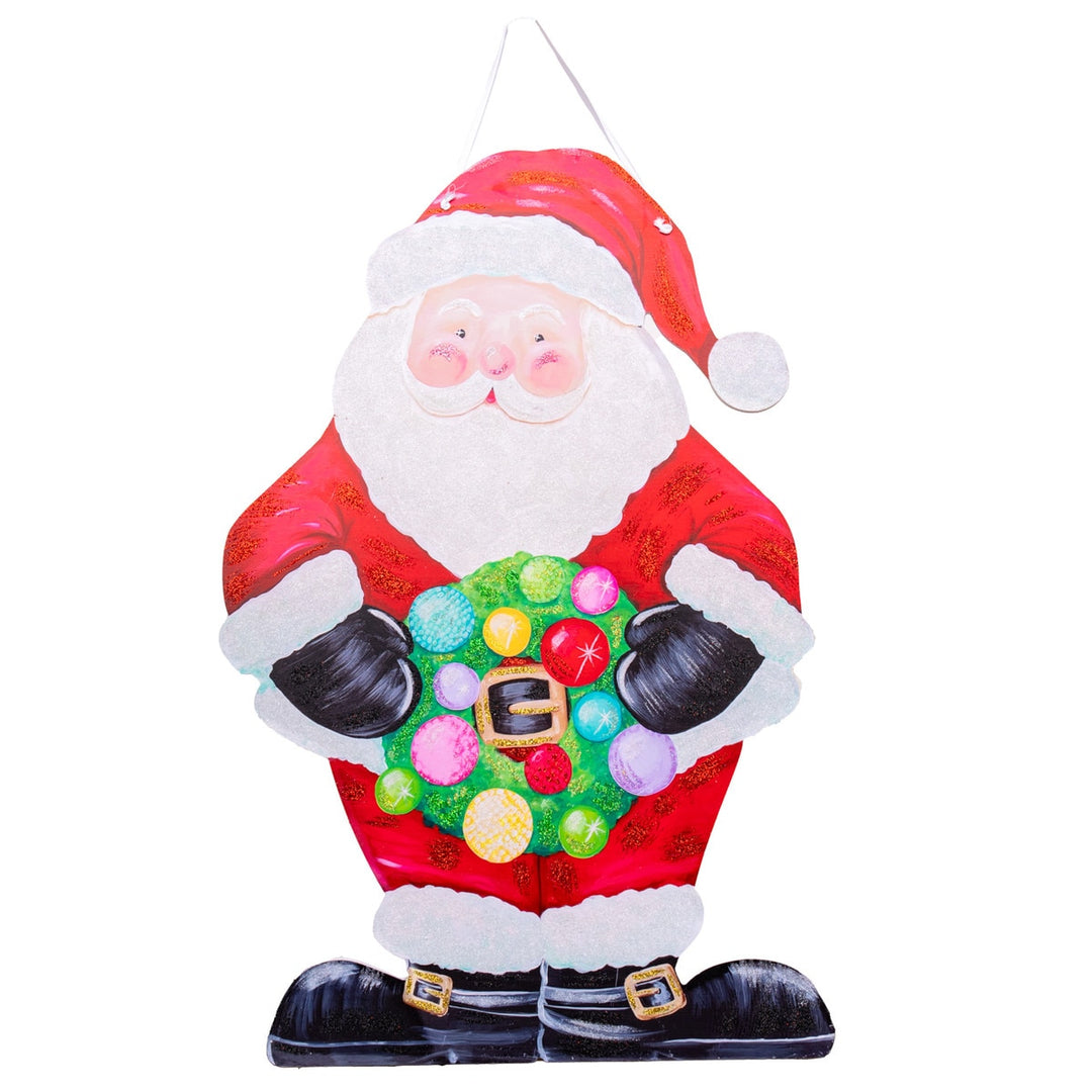 Red PVC Santa door hanger with white beard and hat hanging on a hook.