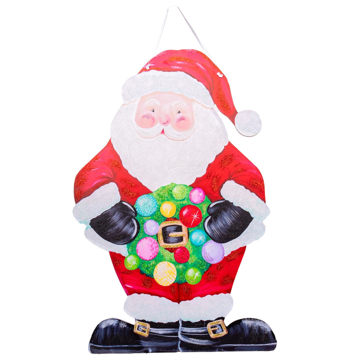 Red PVC Santa door hanger with white beard and hat hanging on a hook.