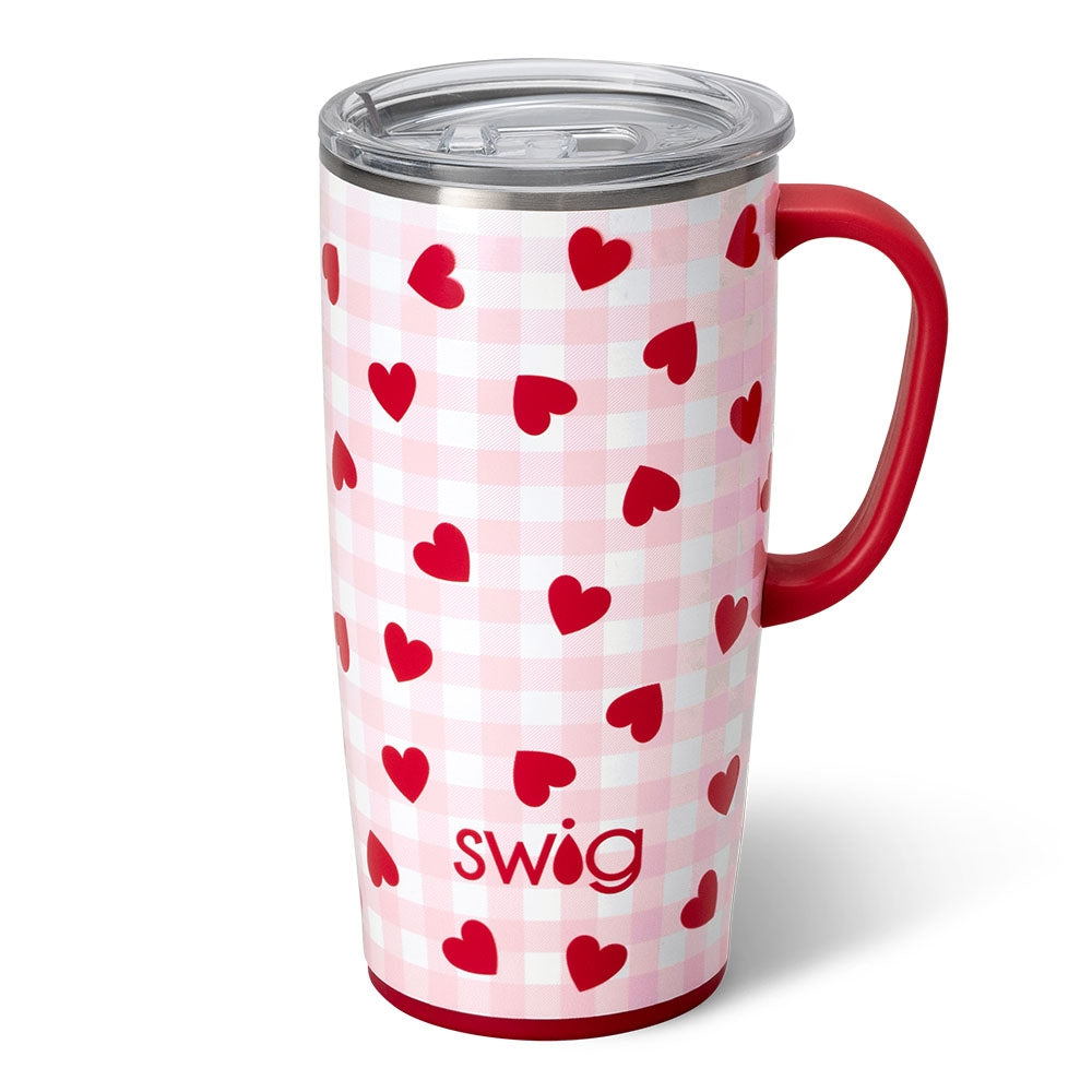 Silver stainless steel travel mug with a slim metal handle and large BPA-free lid.