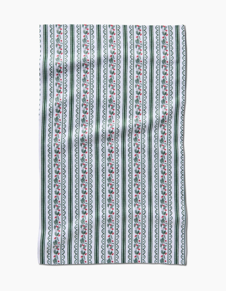 Recycled polyester waffle weave kitchen tea towel with single-sided holiday print