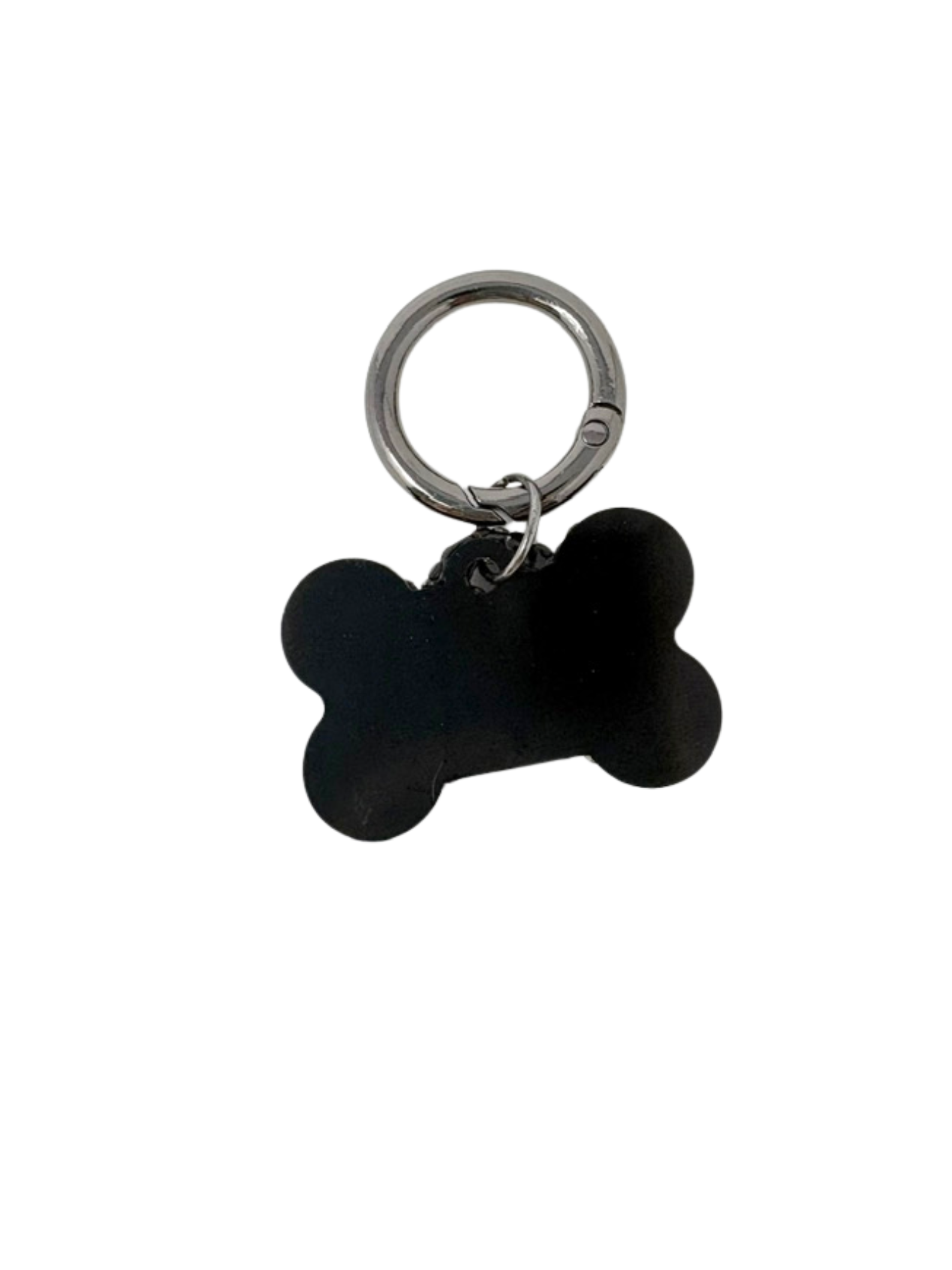 Black bone-shaped dog tag with a silver metal keyring and engravable surface.