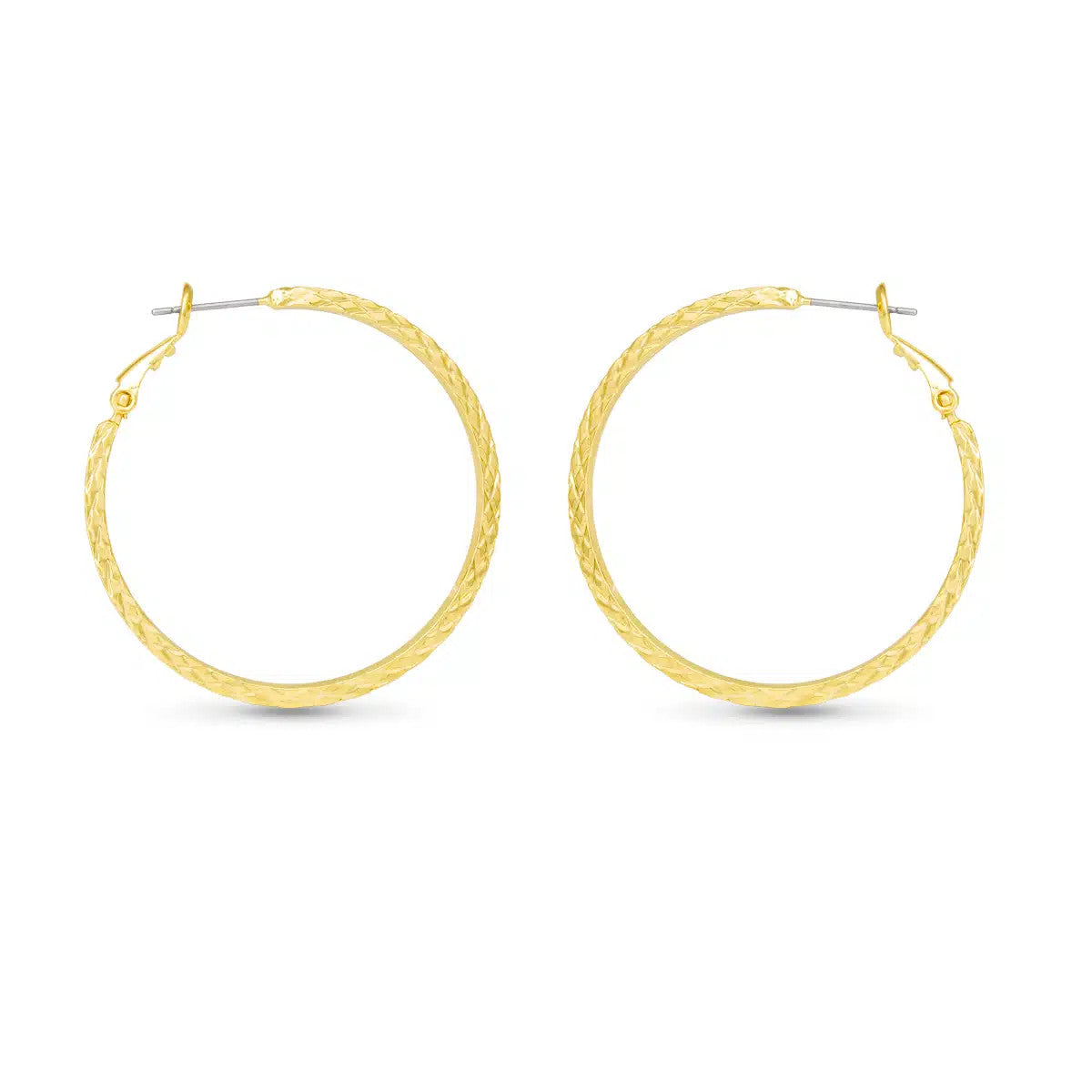 Pair of large gold hoop earrings with a polished braided texture and post back closures.