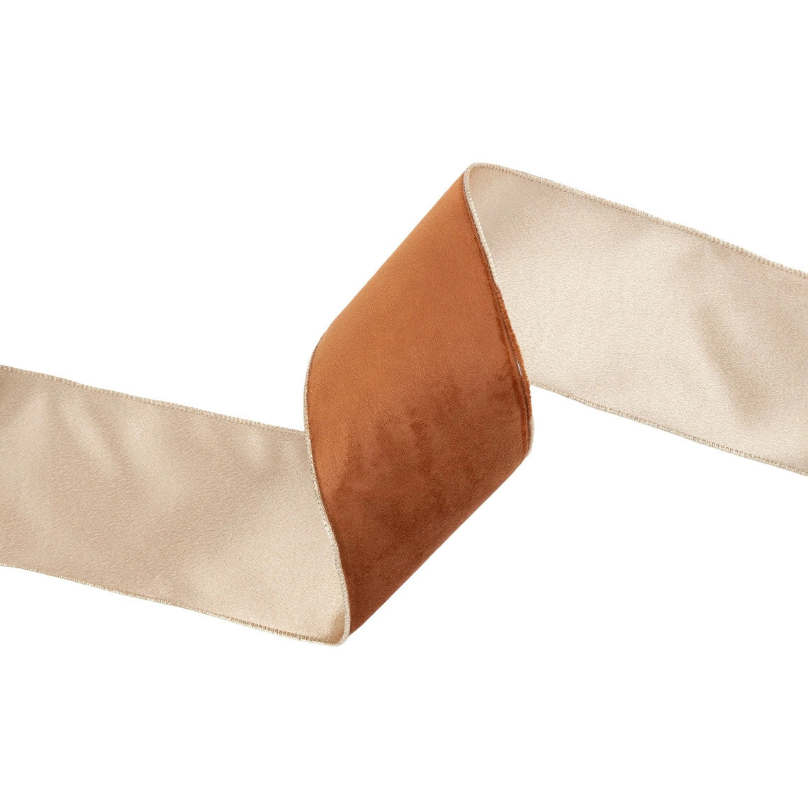 4 inch reversible wired ribbon with a brown velvet side and a champagne satin side.