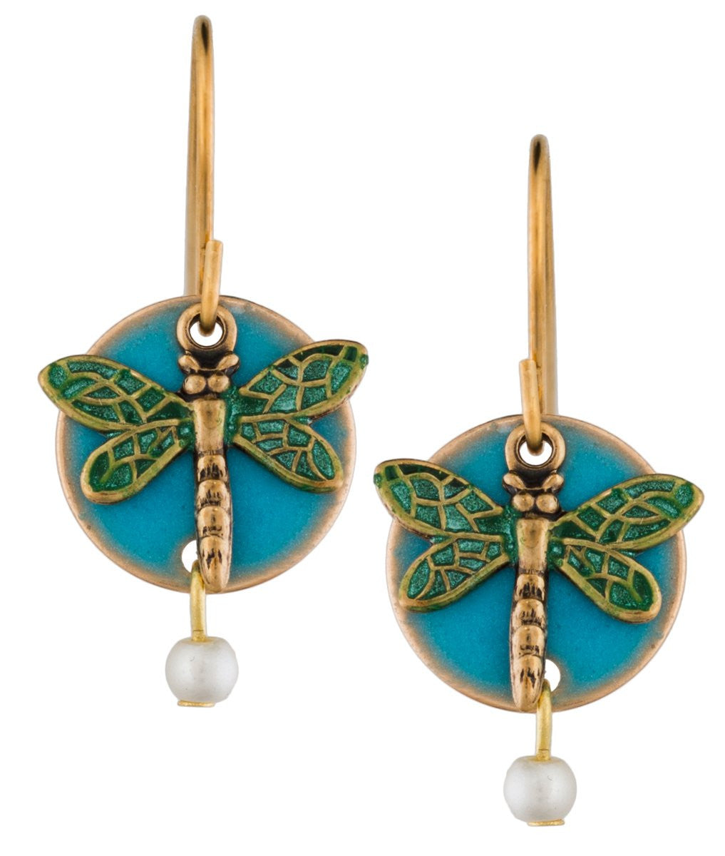 Gold-tone drop earrings featuring a dragonfly on a teal disc with a small white pearl dangle.
