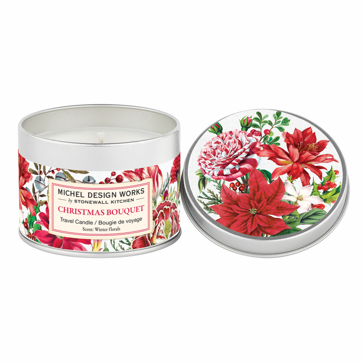 Travel candle in a clear glass jar with white wax.