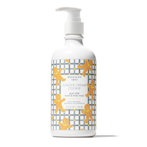 Beekman 1803 Ginger Cream Cookie goat milk hand and body wash in a white pump bottle.