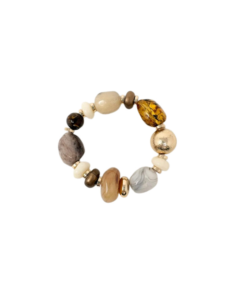 Multi-stone stretch bracelet with various earth-toned, marbled, and metallic gold beads.