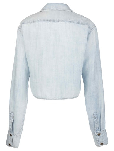 Alyssa long sleeve button front shirt in light blue lyocell with chest pocket and relaxed silhouette.