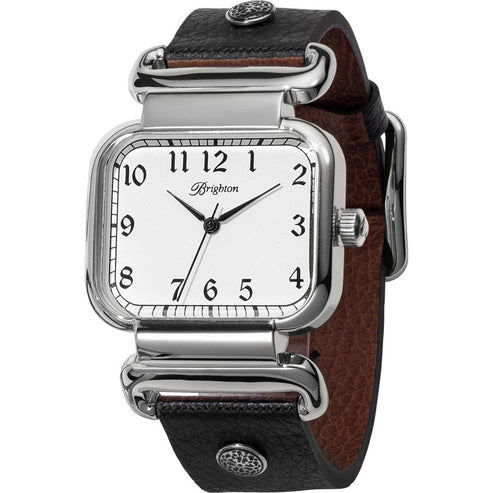 Montecito Reversible Watch with a square silver-plated face and black-brown leather strap.