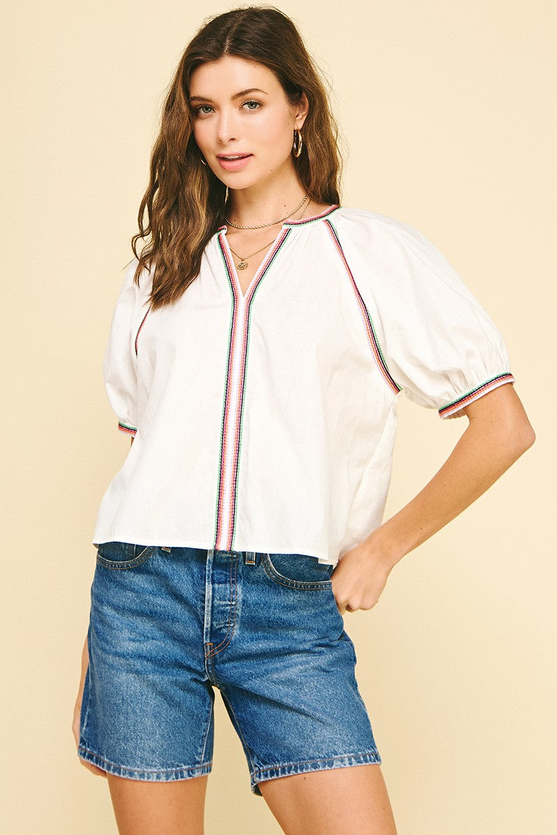 Leah Contrast Stitch Detailed Blouse Top