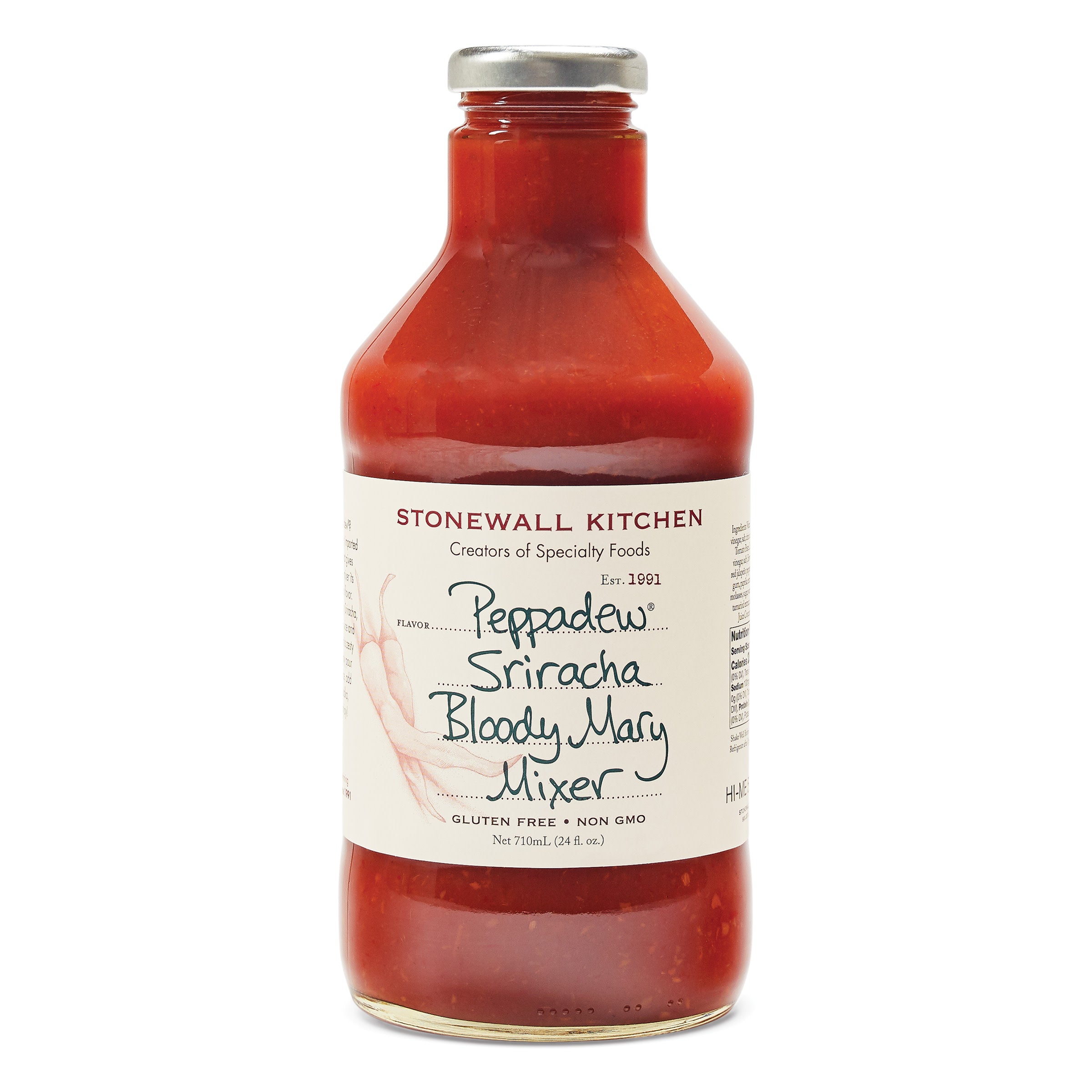24oz bottle of Stonewall Kitchen Peppadew Sriracha Bloody Mary Mixer with a white label.